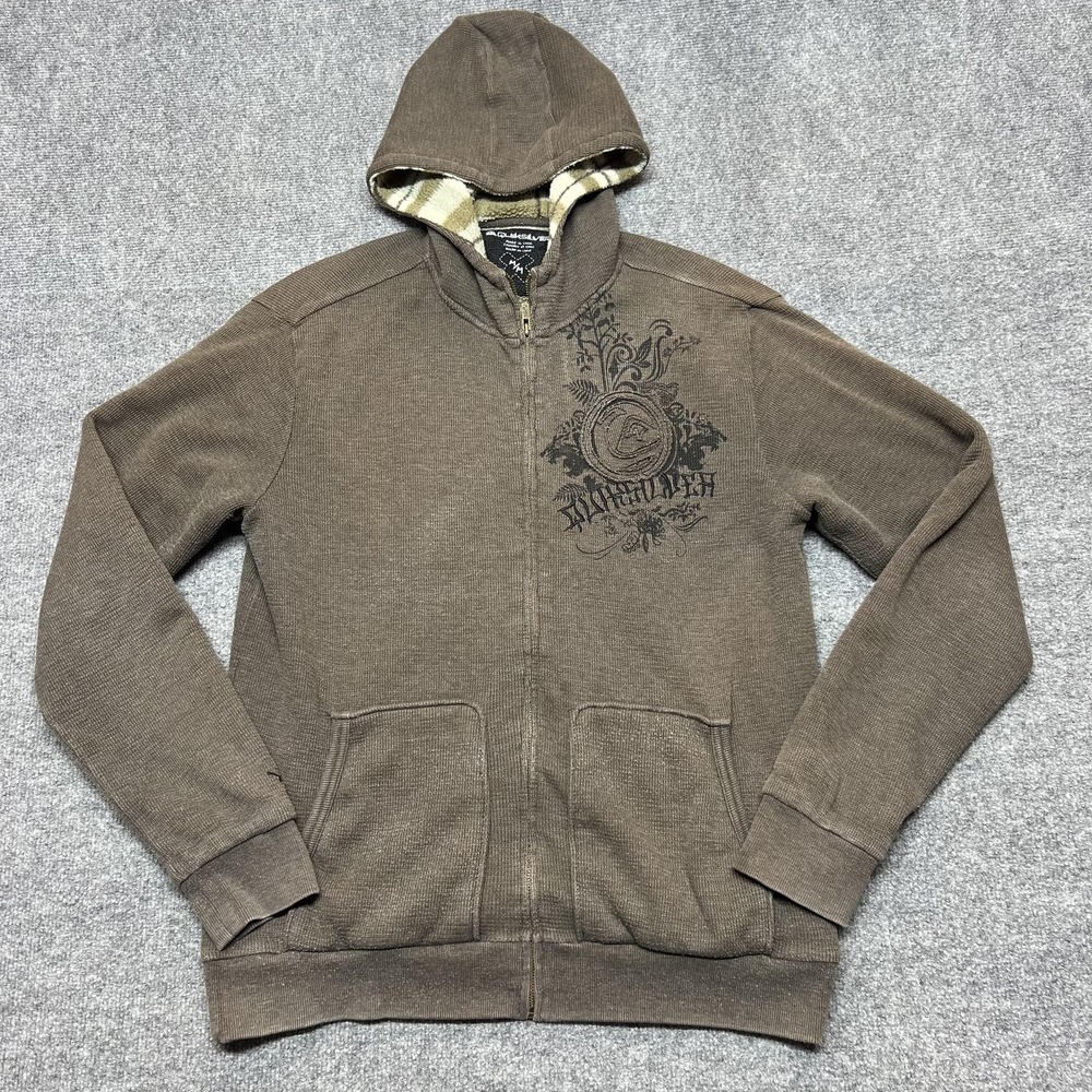 Quiksilver Hoodie Mens Medium Brown Fleece Lined Full Zip Graphic Sweatshirt